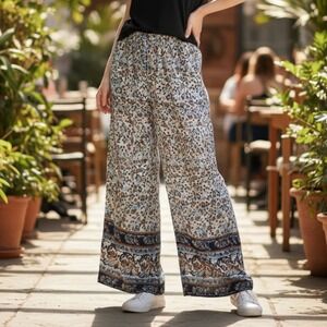 Indero Blue‎ Floral Wide Leg Boho Pull On Straight Leg Trousers Pant L/XL